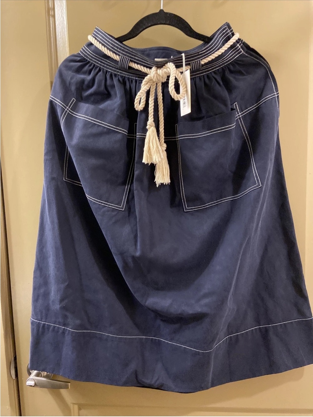Ulla Johnson Navy Midi Skirt with Cream Rope Tie